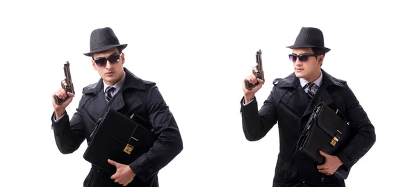 Чоловік шпигун з пістолетом ізольований на білому тлі — стокове фото