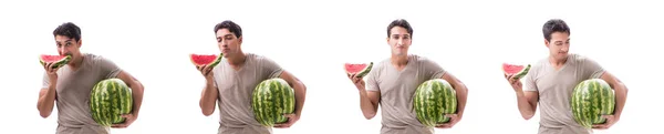 Fiatal férfi görögdinnyével elszigetelt fehér — Stock Fotó
