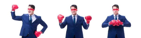 Адвокат с завязанными глазами в боксёрских перчатках, изолированных на белом — стоковое фото