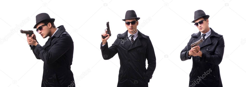 Man spy with handgun isolated on white background