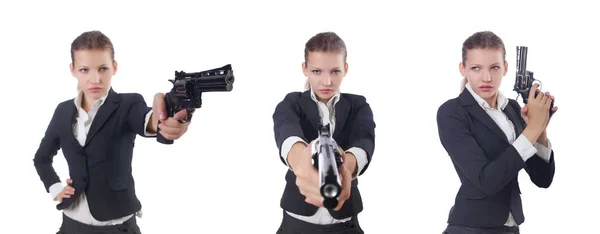 Mujer mujer de negocios con pistola en blanco — Foto de Stock