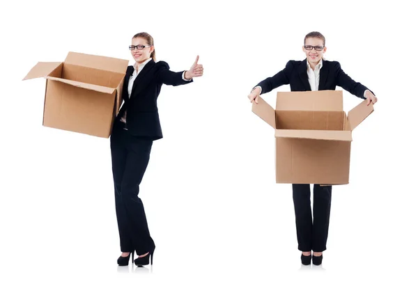 Woman businesswoman with boxes on white — Stock Photo, Image