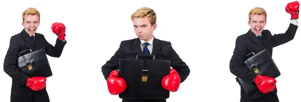 Empleado joven con guantes de boxeo aislados en blanco — Foto de Stock