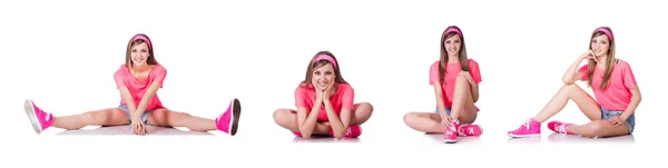 Young woman doing exercises on white — Stock Photo, Image