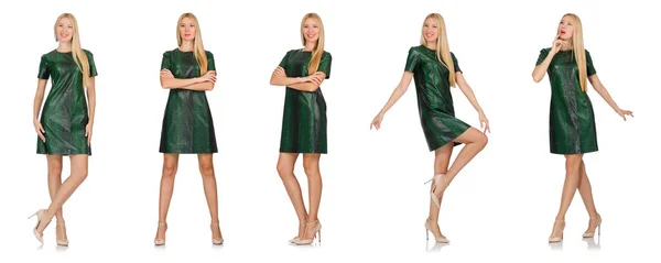 Jonge vrouw in groene jurk geïsoleerd op wit — Stockfoto
