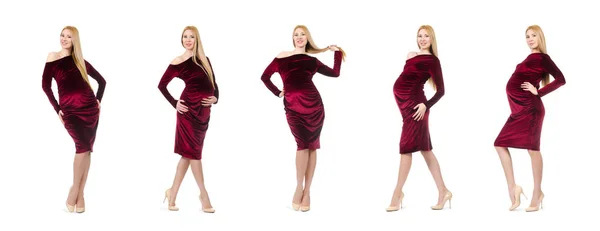 Pretty pregnant woman in red dress isolated on white — Stock Photo, Image