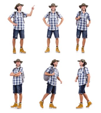 Genç seyahat beyaz izole sanal düğmesine basarak