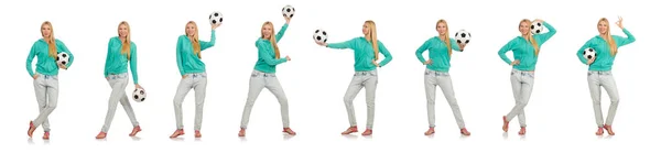 Woman with football on white — Stock Photo, Image