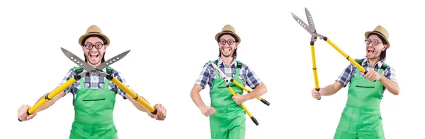 Homem engraçado com tesouras isoladas em branco — Fotografia de Stock