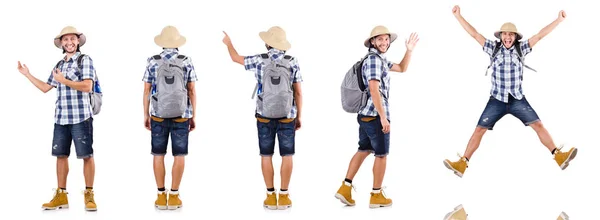 Fiatal utazók hátizsákkal elszigetelt fehér — Stock Fotó