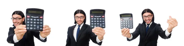 Hombre con calculadora aislado en blanco — Foto de Stock