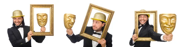 Man with theater mask isolated on white — Stock Photo, Image