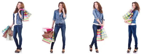 Mujer joven con bolsas aisladas en blanco —  Fotos de Stock