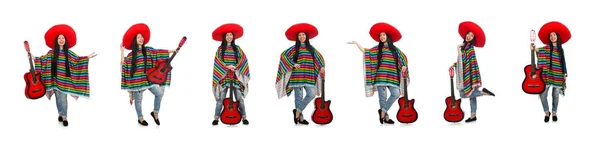 Woman mexican guitar player on white — Stock Photo, Image
