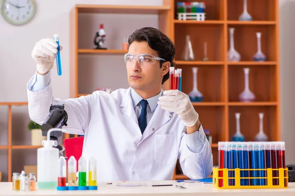 Mladý pohledný biochemik pracující v laboratoři — Stock fotografie