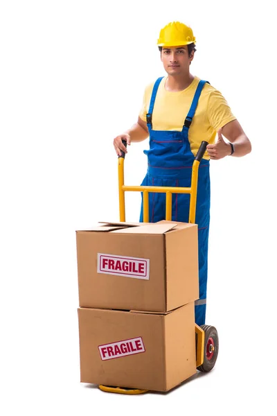 Young contractor with fragile boxes isolated on white — Stock Photo, Image