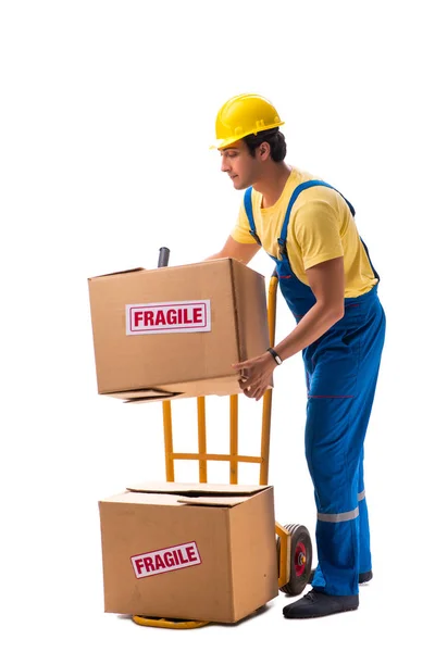 Young contractor with fragile boxes isolated on white — Stock Photo, Image