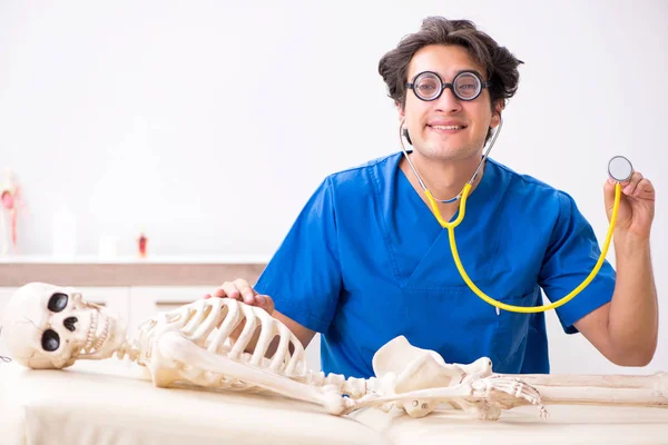 Médico divertido con esqueleto en el hospital —  Fotos de Stock
