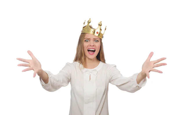 Žena královna nosí korunu izolovanou na bílém — Stock fotografie