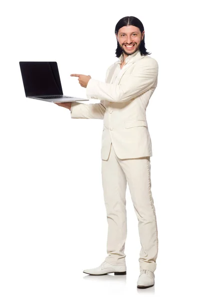 Ung man med bärbar dator isolerad på vit — Stockfoto