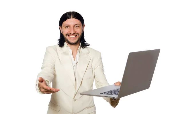 Jonge man met laptop geïsoleerd op wit — Stockfoto