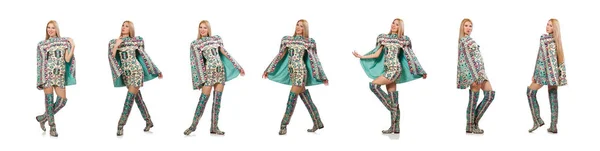 Model dragen jurk met Azerbeidzjaanse tapijt elementen geïsoleerd op — Stockfoto