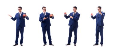 Kan torbası olan bir iş adamı beyaza izole edilmiş.