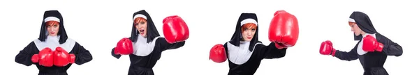 Monja con guantes de boxeo aislados en blanco —  Fotos de Stock