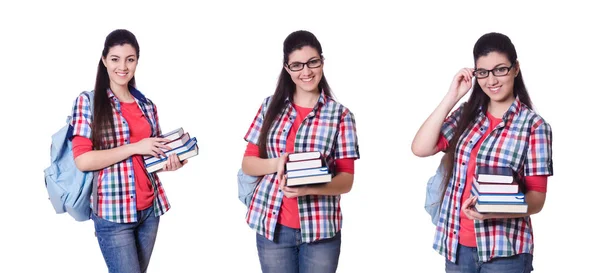 Jovem estudante com livros sobre branco — Fotografia de Stock