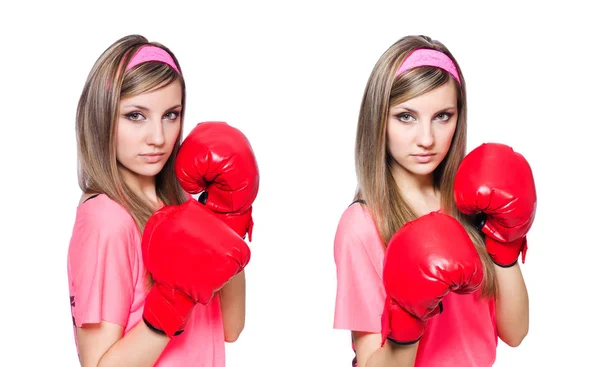 Young lady with boxing gloves on white — Stock Photo, Image