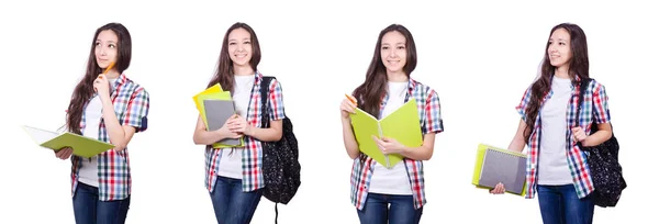 Giovane studente con libri isolati sul bianco — Foto Stock