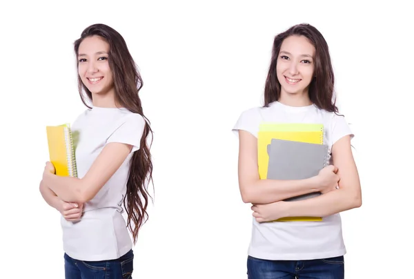 Giovane studente con libri isolati sul bianco — Foto Stock