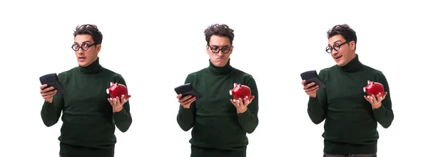 Jovem nerd com mealheiro isolado em branco — Fotografia de Stock