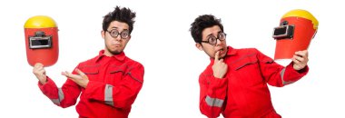 Beyaz üzerine izole komik kaynakçı