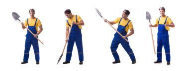 Yüklenici ile maça beyaz zemin üzerine mavi tulumlu içinde