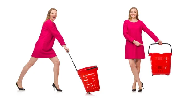 Woman with shopping cart isolated on white — Stock Photo, Image