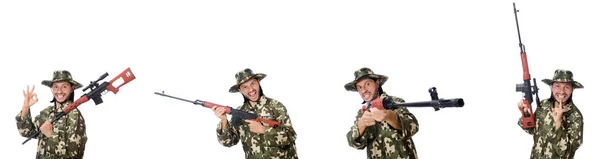 Soldado com armas isoladas em branco — Fotografia de Stock