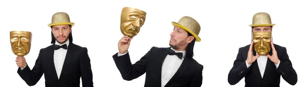 Homem com máscara de teatro isolado no branco — Fotografia de Stock