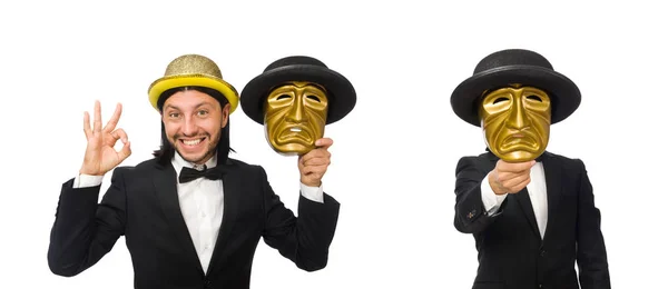 Homme avec masque de théâtre isolé sur blanc — Photo