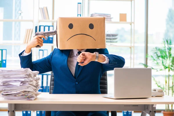 Unhappy man with box instead of his head — Stock Photo, Image