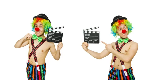 Clown mit Filmtafel auf weiß — Stockfoto