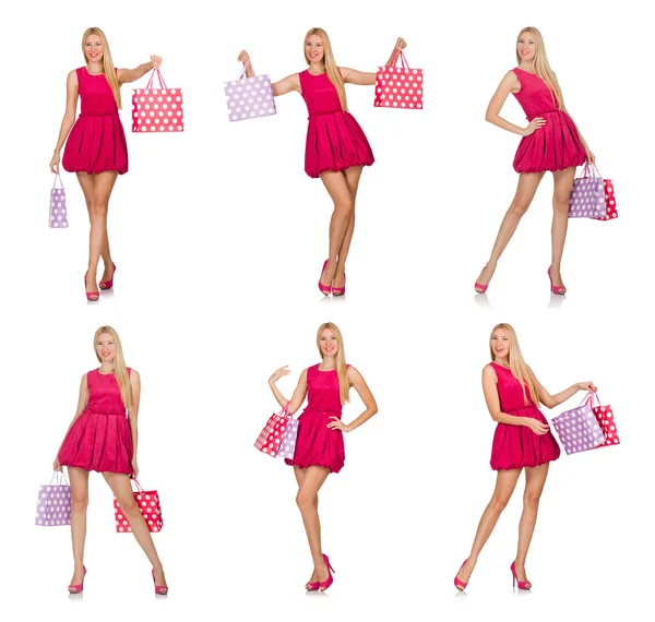 Kvinna Efter Bra Jul Shopping Isolerad Vit — Stockfoto