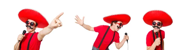 Mexicano engraçado com microfone isolado no branco — Fotografia de Stock