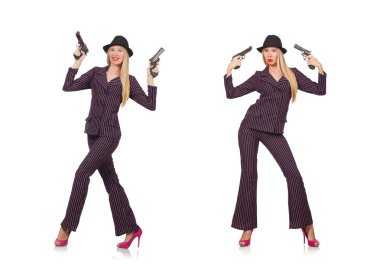 Klasik konseptte silahlı kadın gangster.