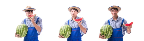Unga jordbrukare med vattenmelon isolerad på vit — Stockfoto