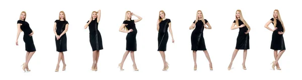 Temmelig gravid kvinde i sort kjole isoleret på hvid - Stock-foto
