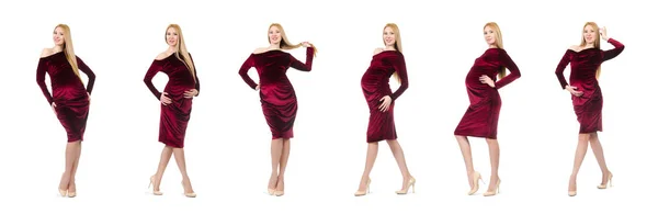Mulher muito grávida em vestido vermelho isolado no branco — Fotografia de Stock