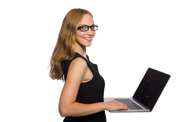 Mulher com laptop isolado no branco — Fotografia de Stock