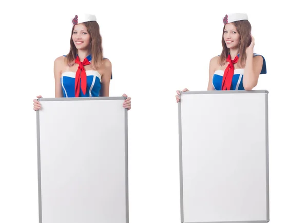 Young woman with blank board on white — Stock Photo, Image