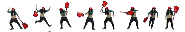 Man met gitaar in muzikaal concept op wit — Stockfoto